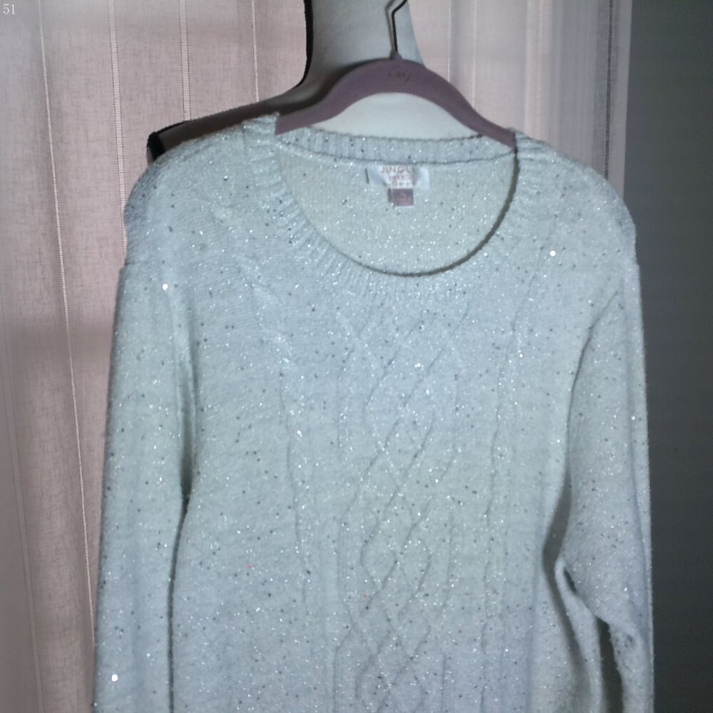 JINGLE BELLES by Kim Gravel Lg Sleeve Scoop Neck Silver Sparkle Cable Sweater XL - Picture 2 of 8